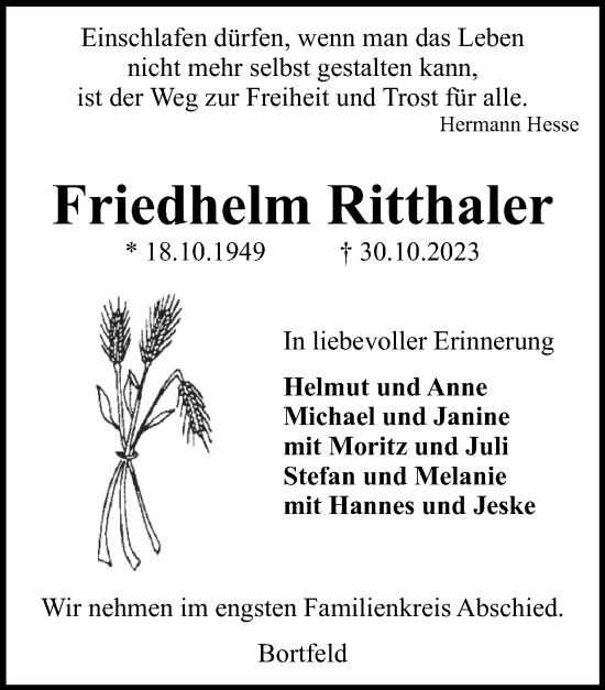 Traueranzeige von Friedhelm Kitthaler von Peiner Nachrichten