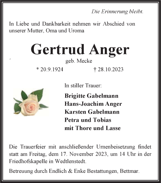 Traueranzeige von Gertrud Anger von Peiner Nachrichten