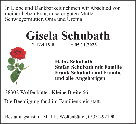 Traueranzeige von Gisela Schubath von Wolfenbütteler Zeitung