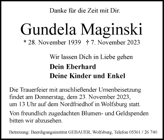 Traueranzeige von Gundela Maginski von Wolfsburger Nachrichten