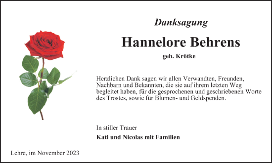 Traueranzeige von Hannelore Behrens von Helmstedter Nachrichten