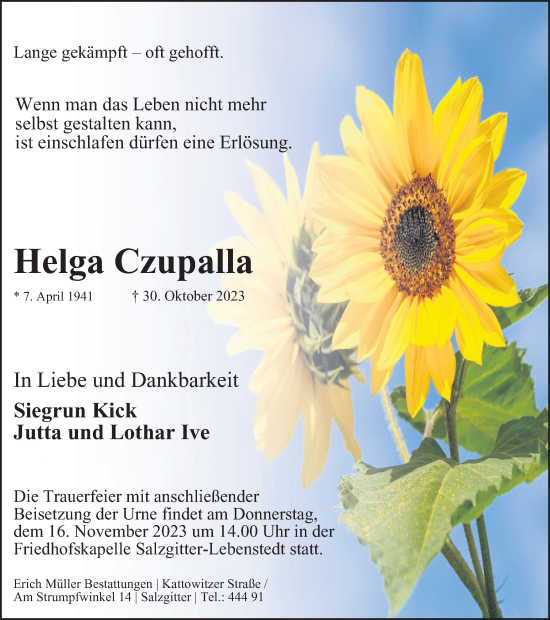 Traueranzeige von Helga Czupalla von Salzgitter-Zeitung