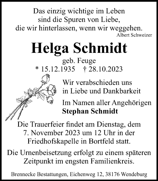 Traueranzeige von Helga Schmidt von Peiner Nachrichten