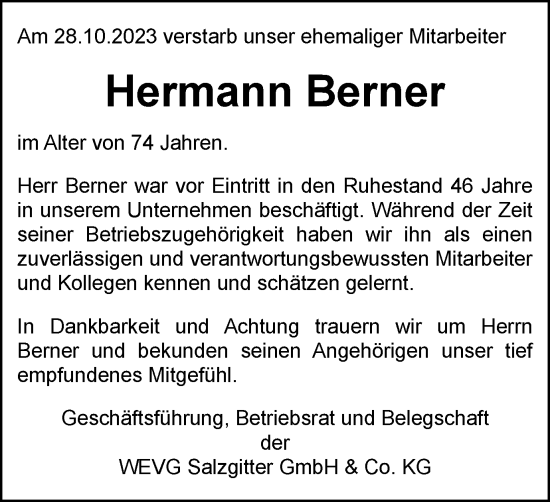 Traueranzeige von Hermann Berner von Salzgitter-Zeitung