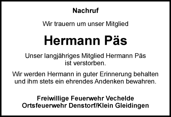 Traueranzeige von Hermann Päs von Peiner Nachrichten