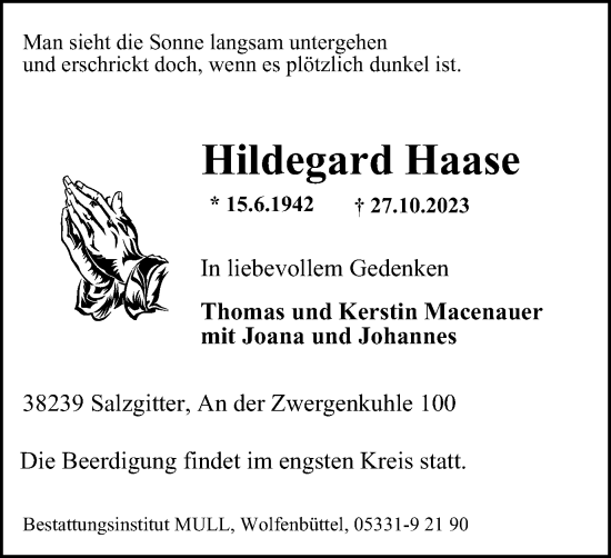 Traueranzeige von Hildegard Haase von Braunschweiger Zeitung