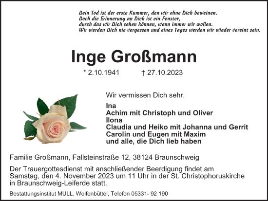 Traueranzeige von Inge Großmann von Braunschweiger Zeitung