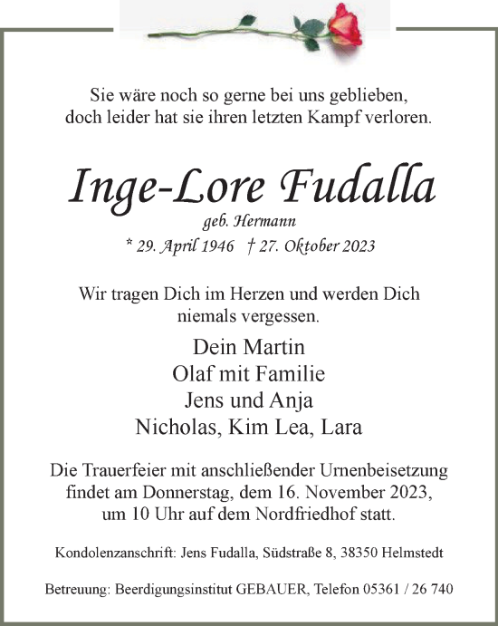 Traueranzeige von Inge-Lore Fudalla von Wolfsburger Nachrichten