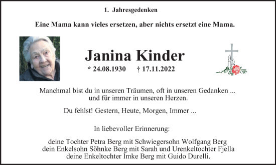 Traueranzeige von Janina Kinder von Helmstedter Nachrichten