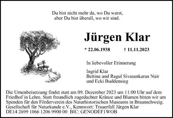 Traueranzeige von Jürgen Klar von Braunschweiger Zeitung