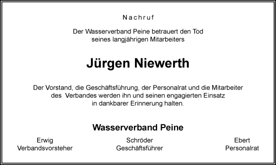 Traueranzeige von Jürgen Niewerth von Salzgitter-Zeitung, Peiner Nachrichten