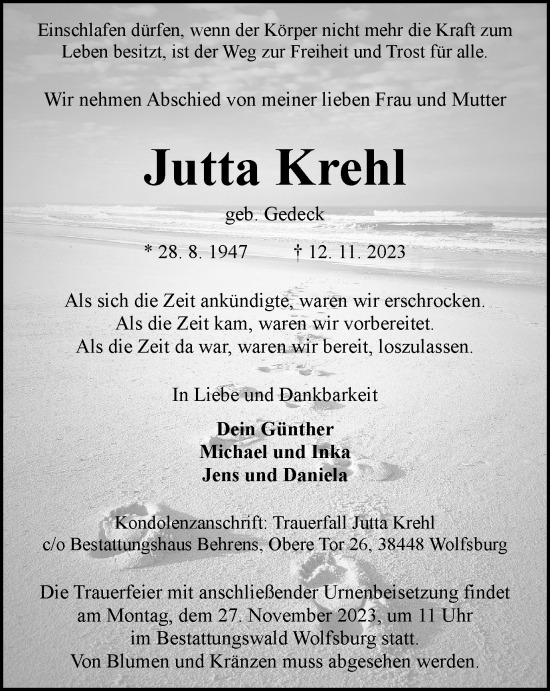 Traueranzeige von Jutta Krehl von Wolfsburger Nachrichten