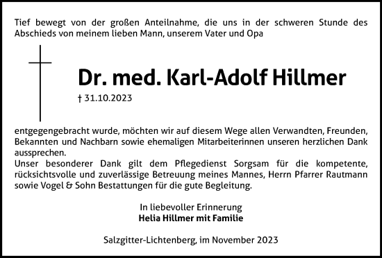 Traueranzeige von Karl-Adolf Hillmer von Salzgitter-Zeitung