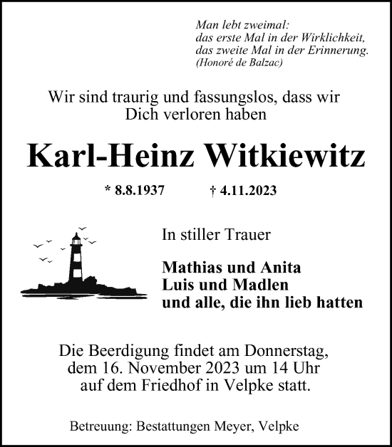 Traueranzeige von Karl-Heinz Witkiewitz von Helmstedter Nachrichten