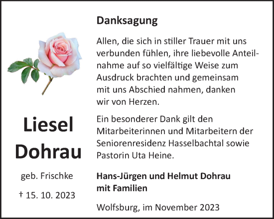 Traueranzeige von Liesel Dohrau von Wolfsburger Nachrichten