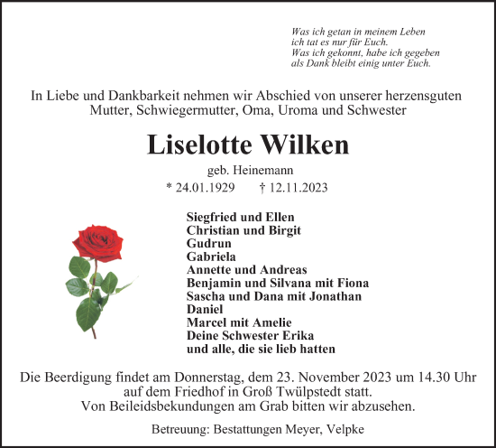 Traueranzeige von Liselotte Wilken von Helmstedter Nachrichten