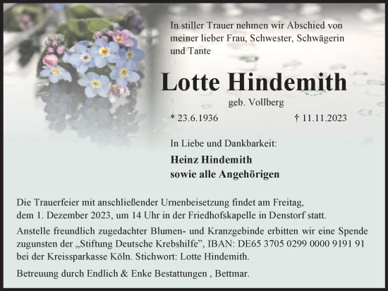 Traueranzeige von Lotte Hindemith von Peiner Nachrichten