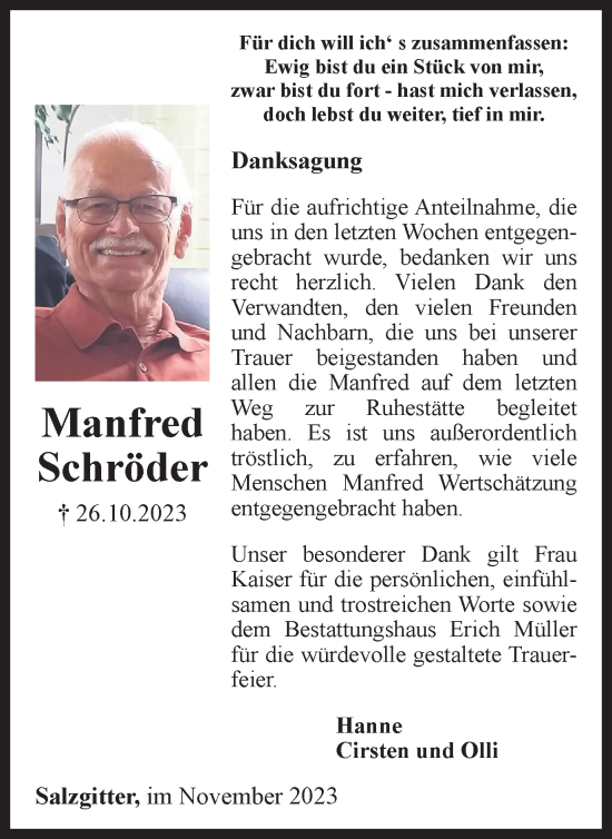 Traueranzeige von Manfred Schröder von Salzgitter-Zeitung