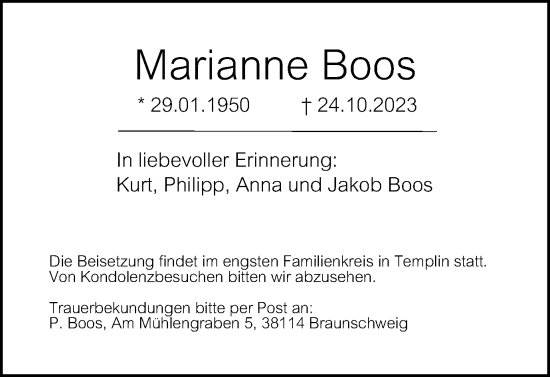 Traueranzeige von Marianne Boos von Wolfsburger Nachrichten