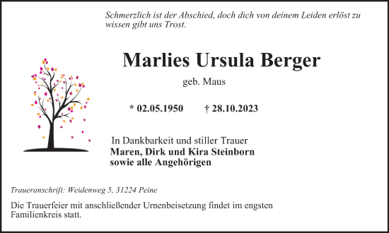 Traueranzeige von Marlies Ursula Berger von Salzgitter-Zeitung