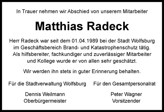 Traueranzeige von Matthias Radeck von Wolfsburger Nachrichten