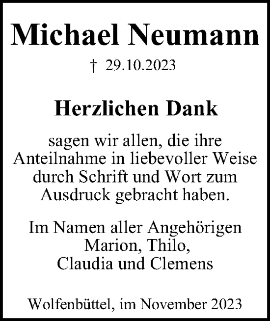 Traueranzeige von Michael Neumann von Wolfenbütteler Zeitung