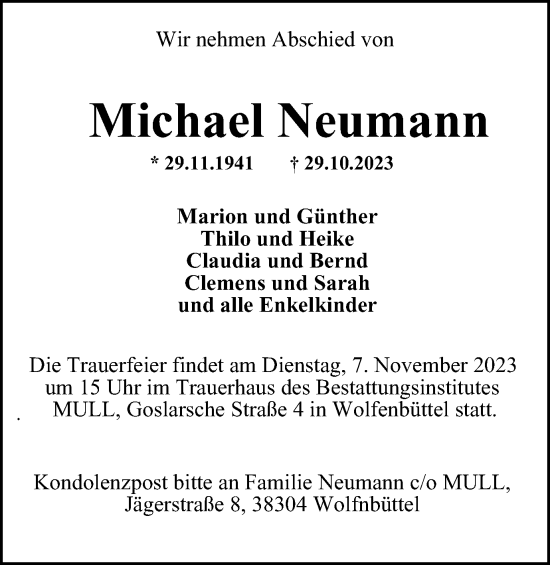 Traueranzeige von Michael Neumann von Wolfenbütteler Zeitung