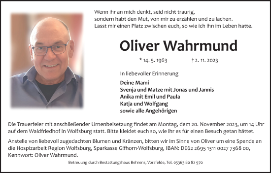 Traueranzeige von Oliver Wahrmund von Wolfsburger Nachrichten