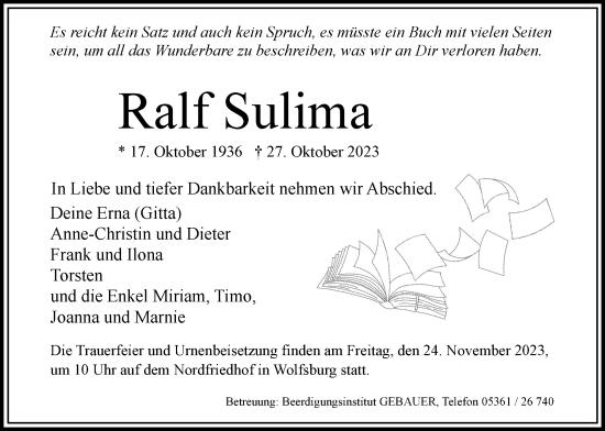 Traueranzeige von Ralf Sulima von Wolfsburger Nachrichten