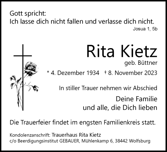 Traueranzeige von Rita Kietz von Wolfsburger Nachrichten