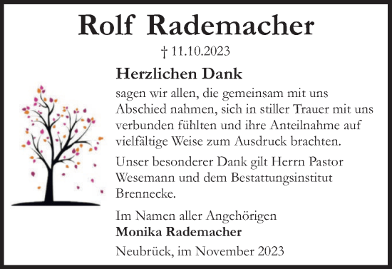 Traueranzeige von Rolf Rademacher von Peiner Nachrichten