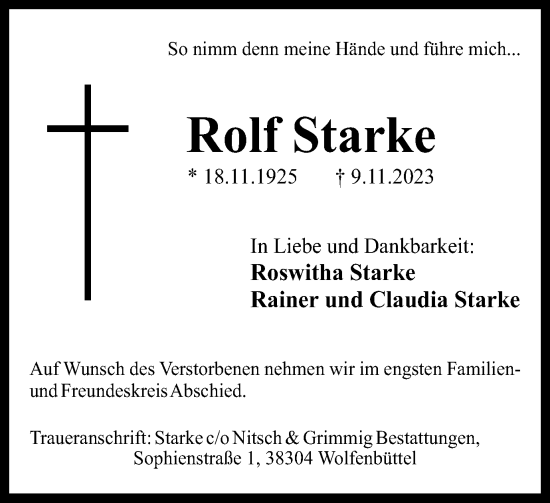 Traueranzeige von Rolf Starke von Wolfenbütteler Zeitung