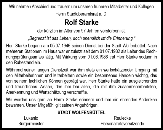 Traueranzeige von Rolf Starke von Wolfenbütteler Zeitung