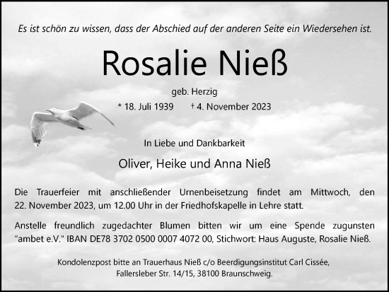 Traueranzeige von Rosalie Nieß von Braunschweiger Zeitung