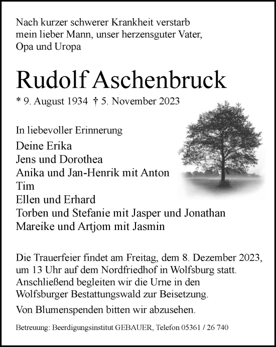 Traueranzeige von Rudolf Aschenbruck von Wolfsburger Nachrichten