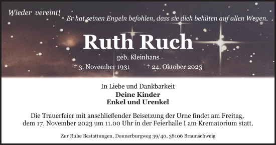 Traueranzeige von Ruth Ruch von Braunschweiger Zeitung