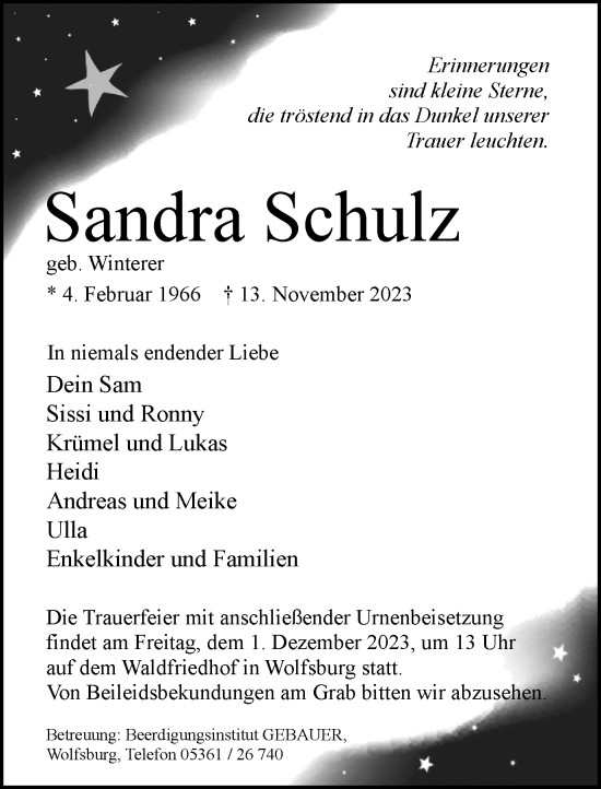 Traueranzeige von Sandra Schulz von Wolfsburger Nachrichten