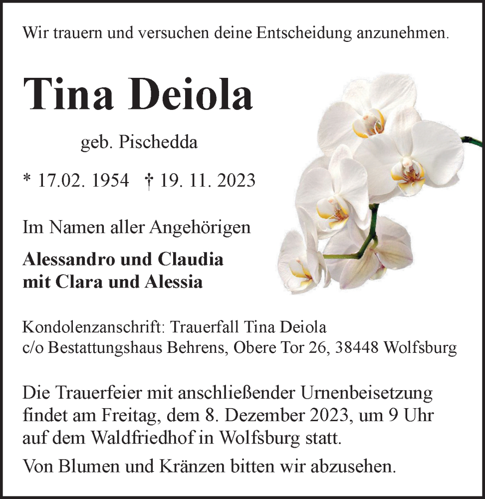  Traueranzeige für Tina Deiola vom 25.11.2023 aus Wolfsburger Nachrichten