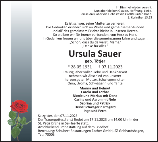 Traueranzeige von Ursula Sauer von Salzgitter-Zeitung