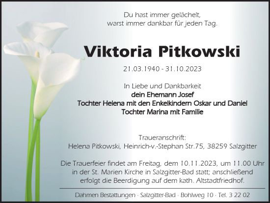 Traueranzeige von Viktoria Pitkowski von Salzgitter-Zeitung