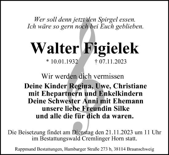 Traueranzeige von Walter Figielek von Braunschweiger Zeitung