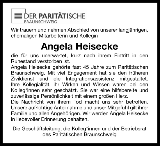 Traueranzeige von Angela Heisecke von Braunschweiger Zeitung