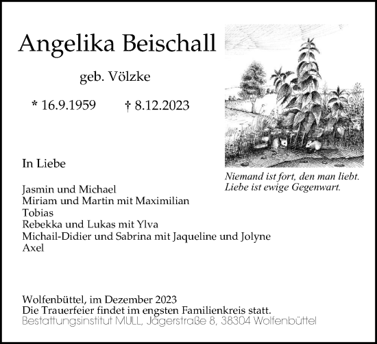 Traueranzeige von Angelika Beischall von Wolfenbütteler Zeitung