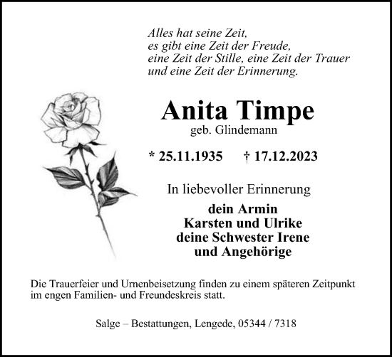 Traueranzeige von Anita Timpe von Peiner Nachrichten