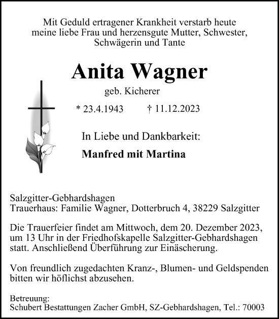 Traueranzeige von Anita Wagner von Salzgitter-Zeitung