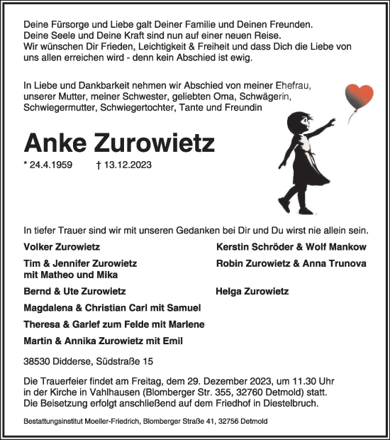 Traueranzeige von Anke Zurowietz von Braunschweiger Zeitung