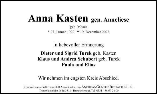 Traueranzeige von Anna Kasten von Braunschweiger Zeitung