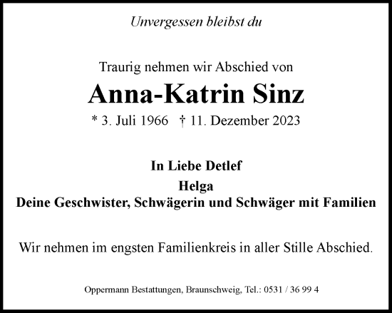 Traueranzeige von Anna-Katrin Sinz von Braunschweiger Zeitung, Helmstedter Nachrichten