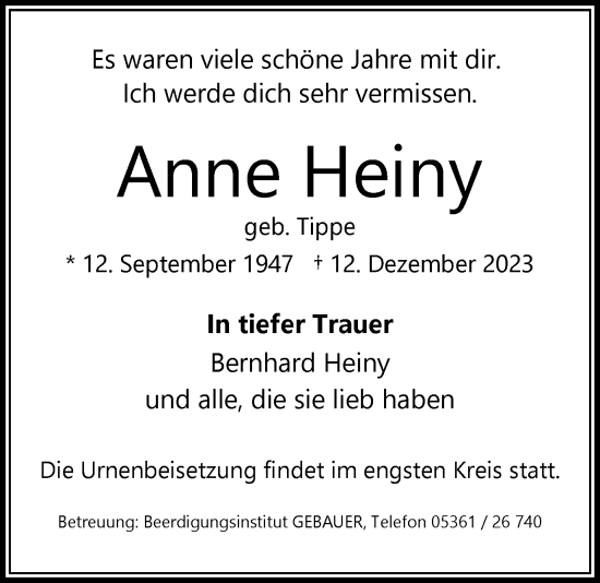 Traueranzeige von Anne Heiny von Wolfsburger Nachrichten