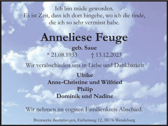 Traueranzeige von Anneliese Feuge von Braunschweiger Zeitung